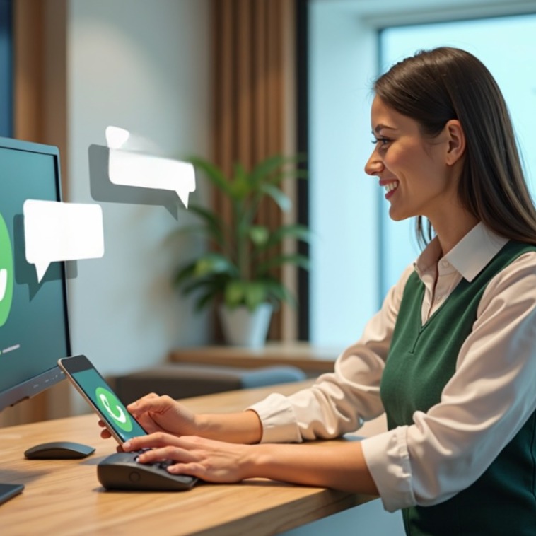 Create a visual that represents the online booking experience. The scene should showcase a user-friendly website interface on a computer or mobile device, displaying the booking process. Incorporate the parrot green (#92BF30) color scheme into the interface design. Capture the warm, inviting environment of FIRST DENTAL in the background, emphasizing accessibility and ease. Aim for a photorealistic quality that inspires confidence in the booking process.